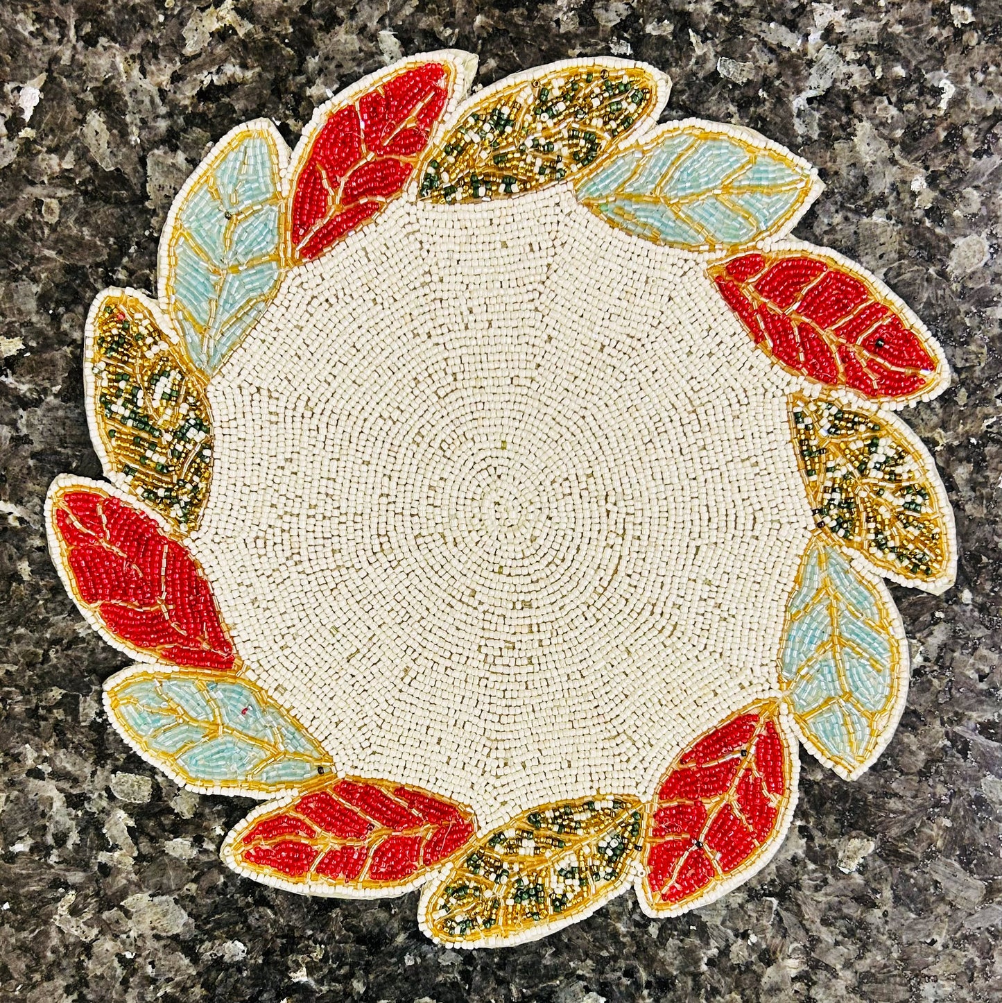 Handmade Beaded Placemat / Tablemat – 14" Round | Radiant Circle with Leaf Flare | White Centre, Red, Blue & Golden Leaves