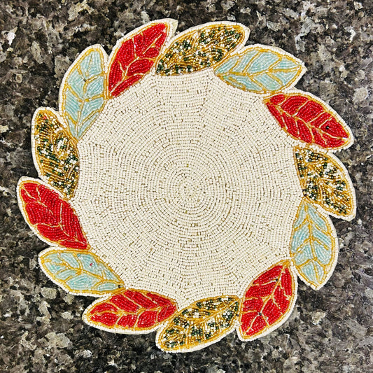 Handmade Beaded Placemat / Tablemat – 14" Round | Radiant Circle with Leaf Flare | White Centre, Red, Blue & Golden Leaves