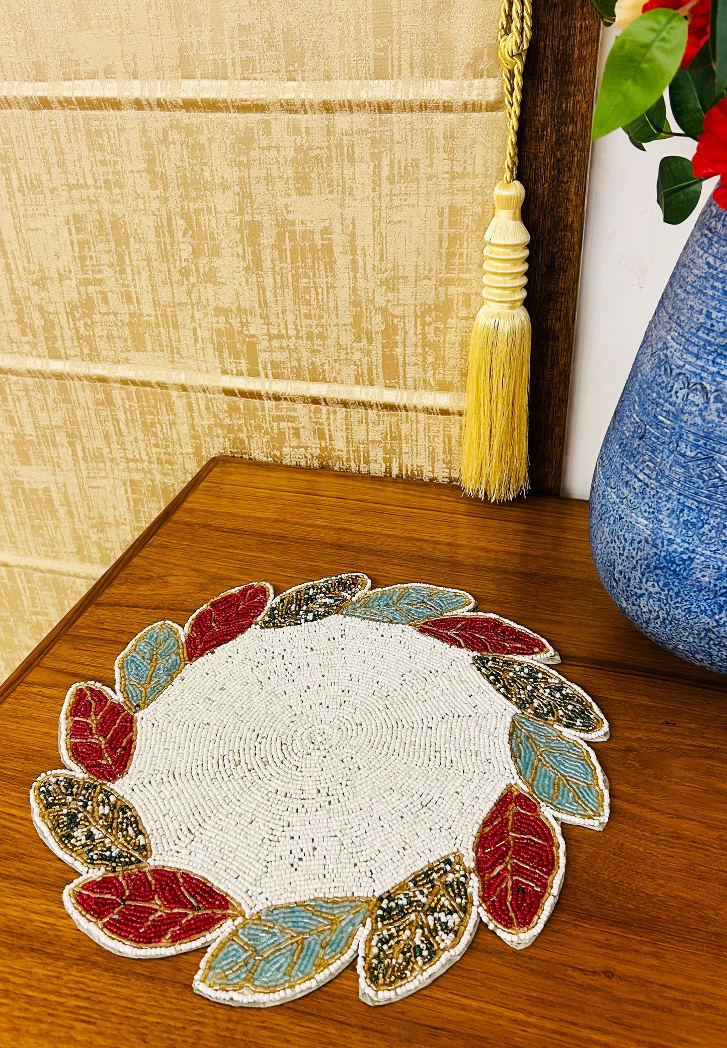 Handmade Beaded Placemat / Tablemat – 14" Round | Radiant Circle with Leaf Flare | White Centre, Red, Blue & Golden Leaves