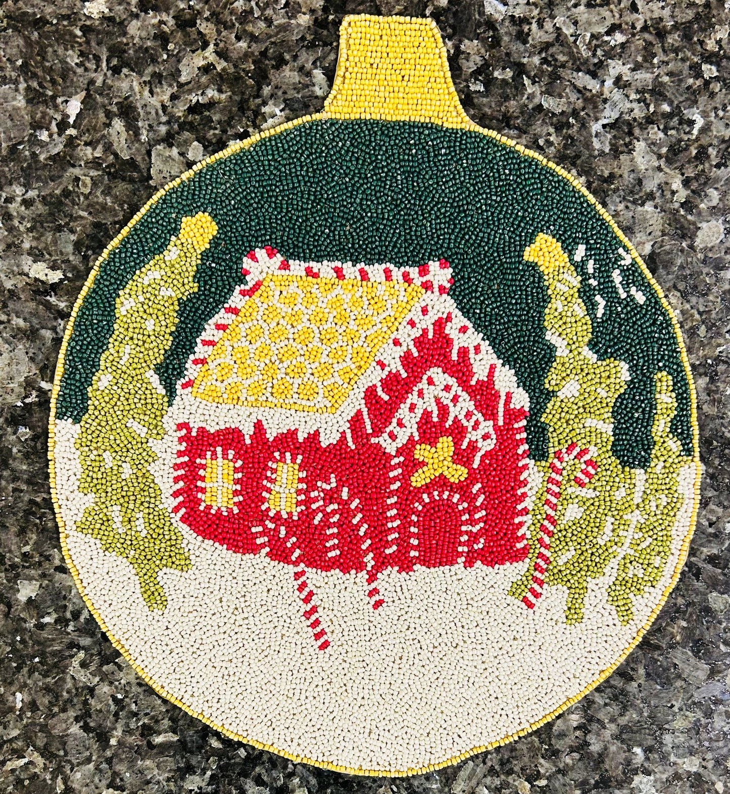 Handmade Beaded Placemat / Tablemat – 14" Round | Christmas Tree Bauble with Red Snowy House & Forest Scene | White, Red, Green & Yellow