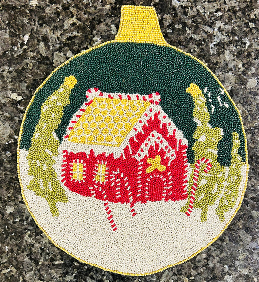 Handmade Beaded Placemat / Tablemat – 14" Round | Christmas Tree Bauble with Red Snowy House & Forest Scene | White, Red, Green & Yellow