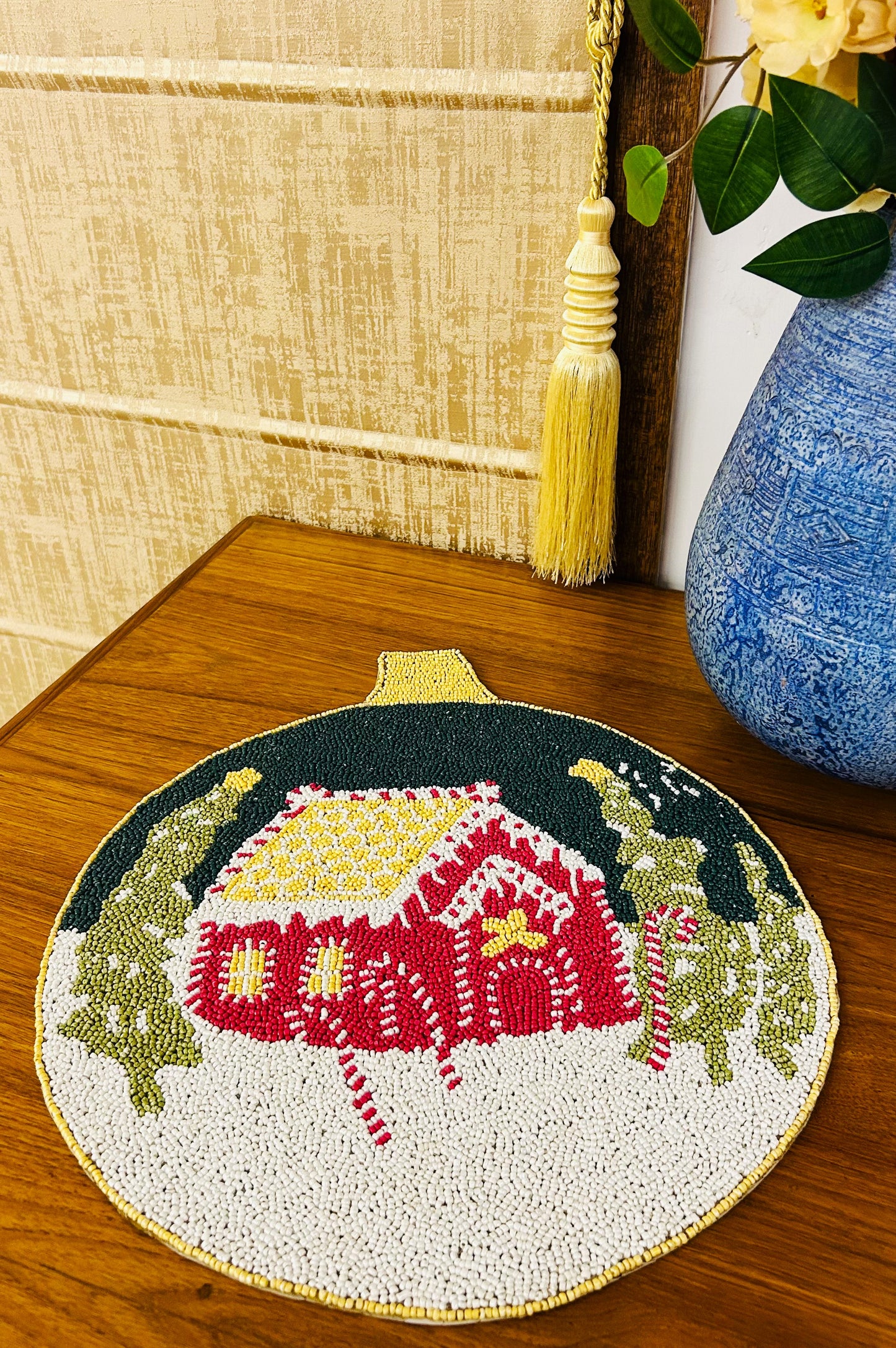 Handmade Beaded Placemat / Tablemat – 14" Round | Christmas Tree Bauble with Red Snowy House & Forest Scene | White, Red, Green & Yellow