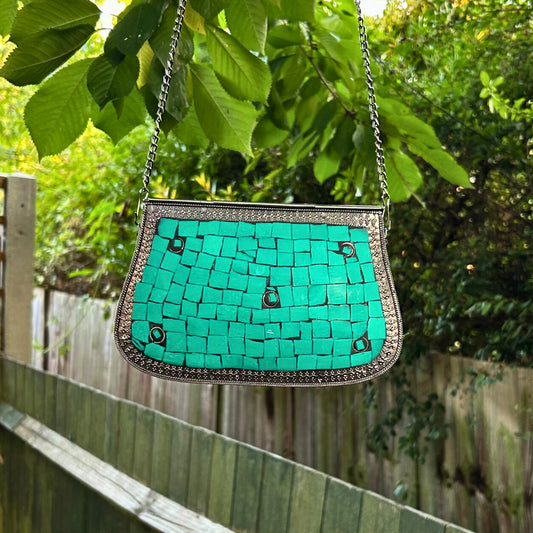 Embellished Green Mosaic Metal Sling Bag – Silver Base