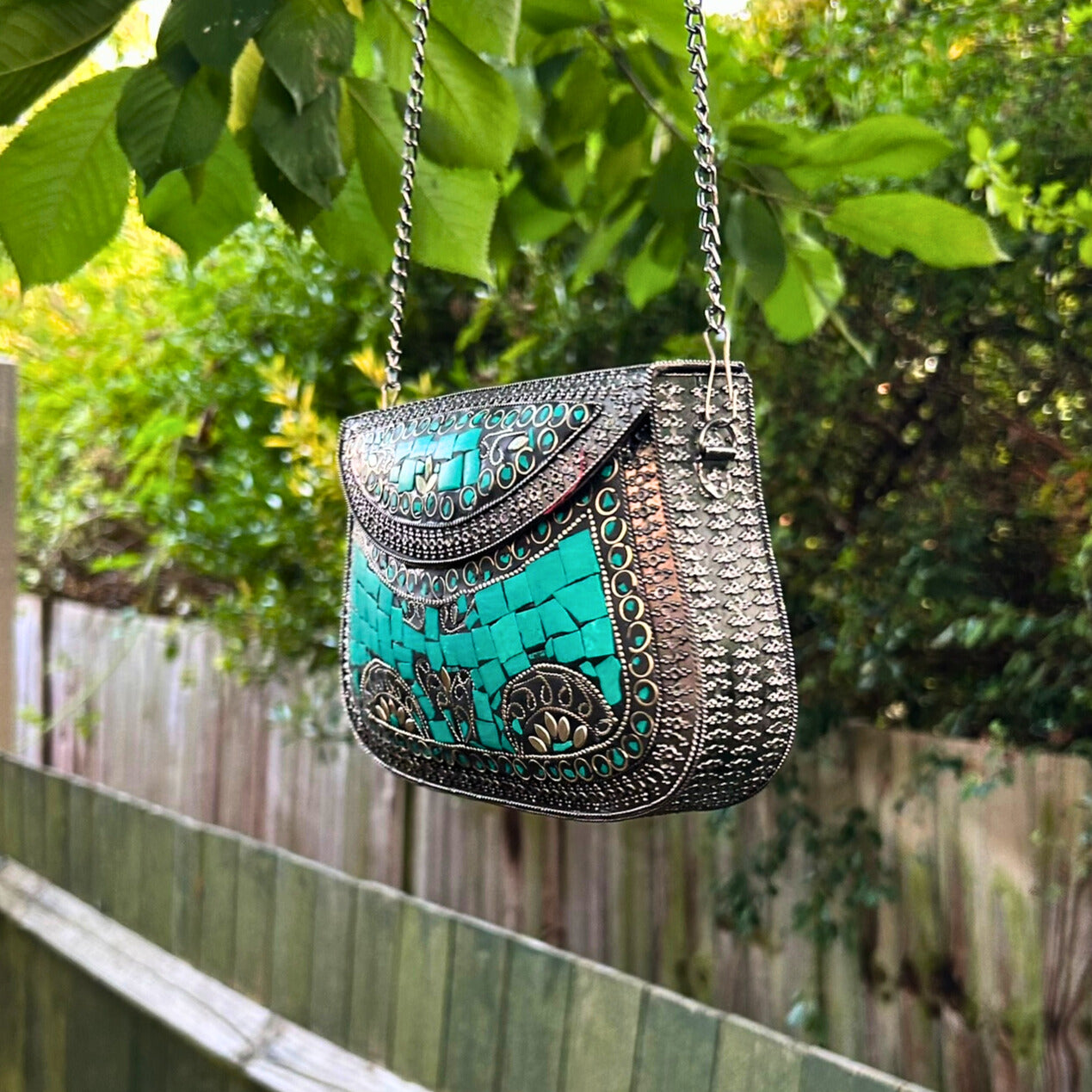 Embellished Green Mosaic Metal Sling Bag – Silver Base
