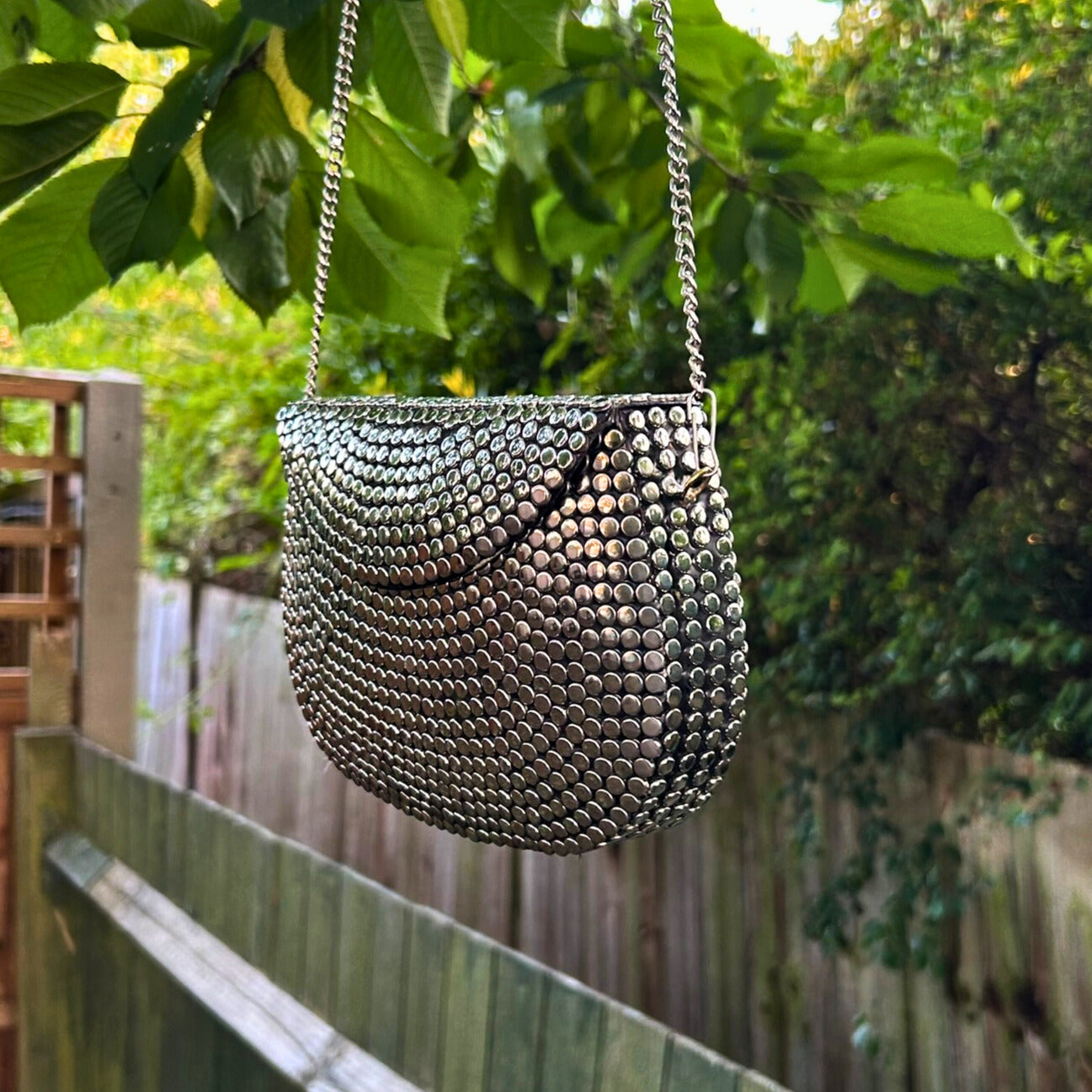 Large Silver Dot Metal Sling Bag – Semi Circle Shape