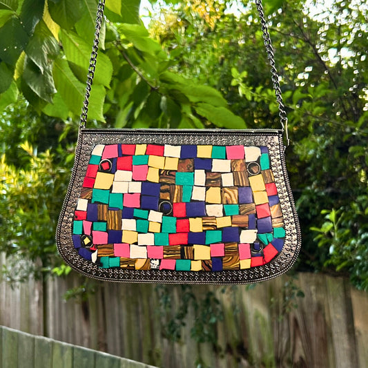 Embellished Mosaic Metal Sling Bag – Silver Base with Multicolour Stones