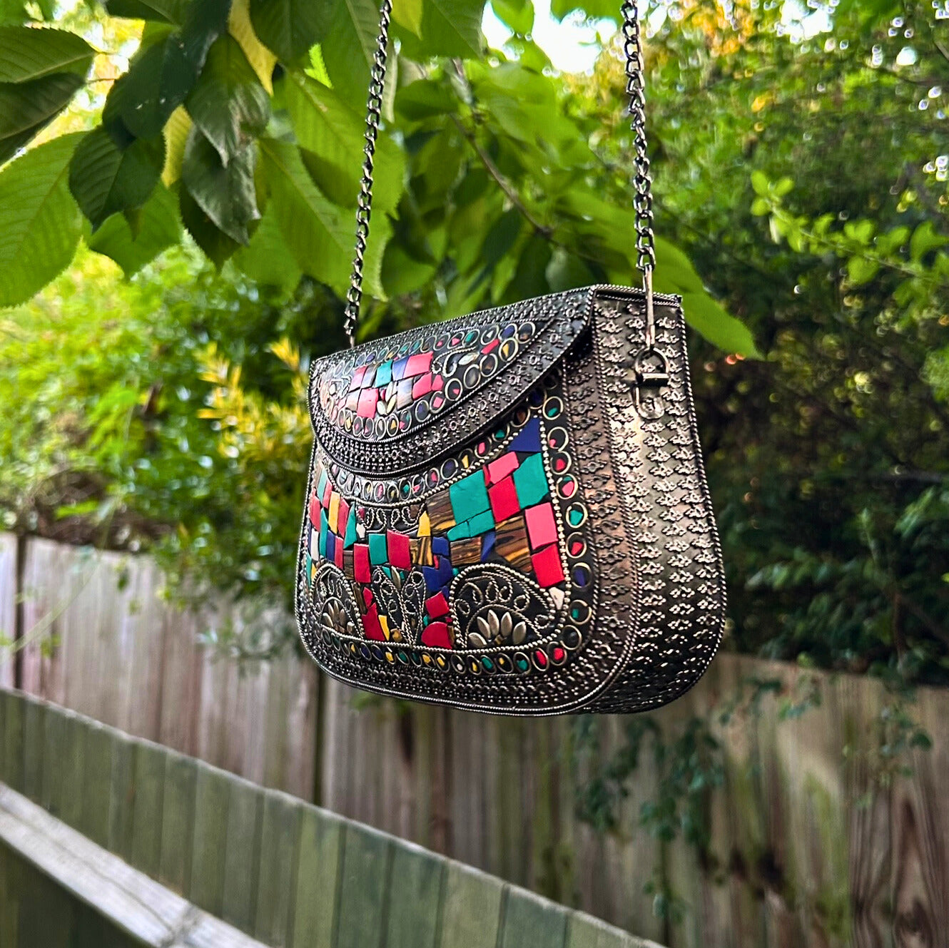 Embellished Mosaic Metal Sling Bag – Silver Base with Multicolour Stones