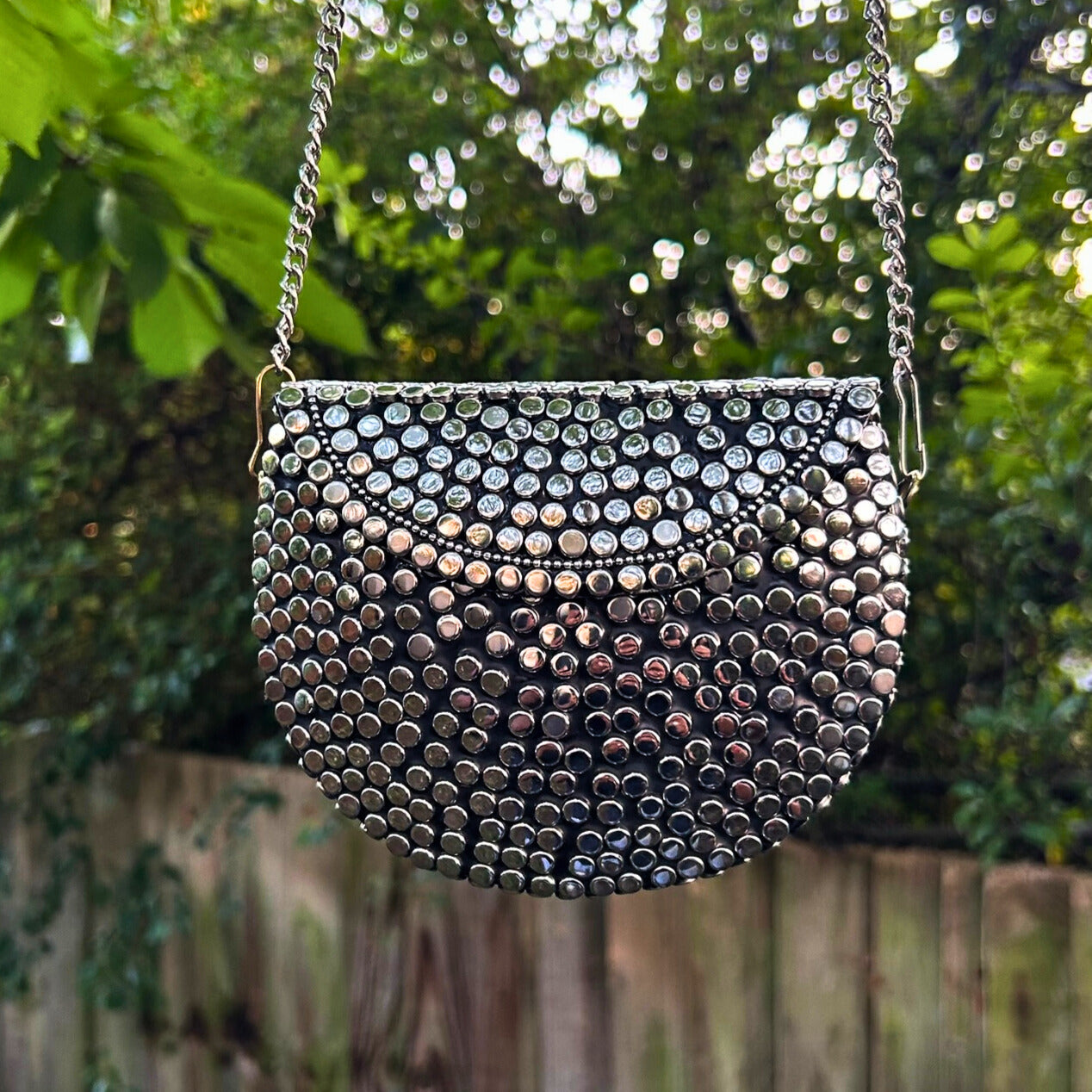 Silver Dot Metal Sling Bag – Semi-Circle Design
