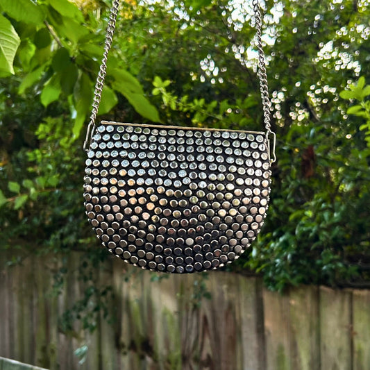 Floral Mosaic Metal Sling Bag – Embellished with Handcrafted Stone Blooms