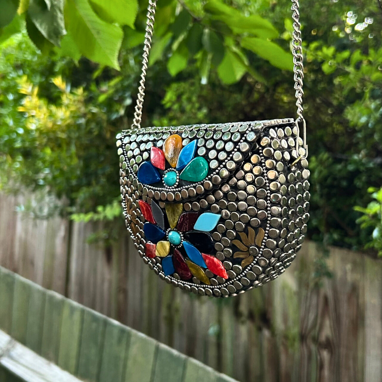 Floral Mosaic Metal Sling Bag – Embellished with Handcrafted Stone Blooms