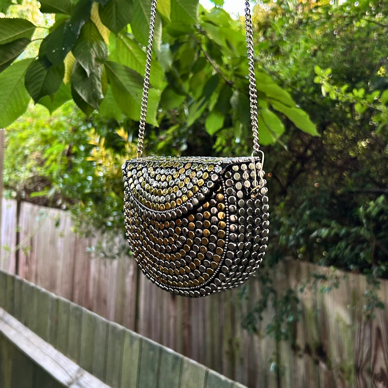Silver & Gold Dot Metal Sling Bag – Semi-Circle Design