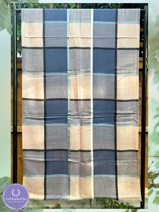Big Checkered 100% Cashmere Pashmina Stole – Navy Blue Beige Monochrome | ishkabella
