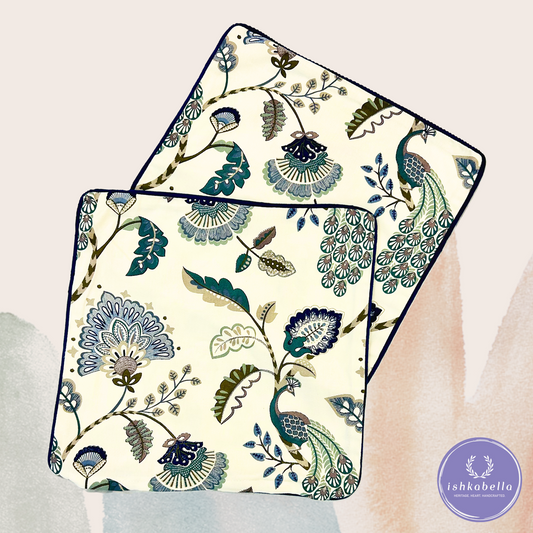 Painted Cushion Cover – Inspired Peacock & Floral Motifs
