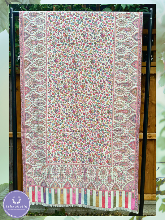 Kani Weave Fine Wool Stole – White Floral Bloom | ishkabella