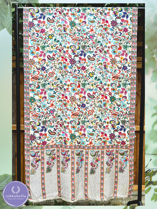 Paisley Garden Print Rich Wool Stole – Ivory White multicolour motifs | ishkabella