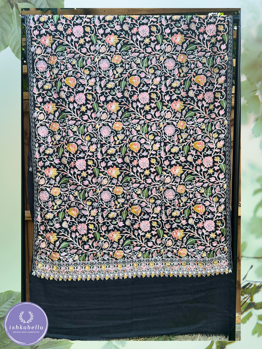 Ari Embroidered 100% Cashmere Pashmina Stole – Black with Pink, Purple, Orange & Yellow Floral Motifs | ishkabella