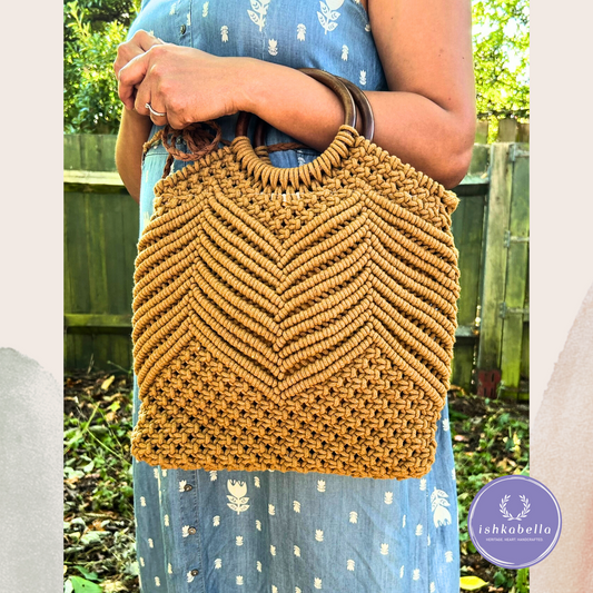 Handwoven Brown Mustard Macramé Tote Bag with Wooden Handle | Boho Chic Women’s Shoulder Bag
