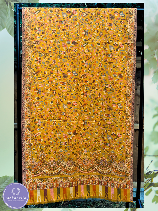 Kani Weave Fine Wool Stole – Honey Mustard Elegance | ishkabella