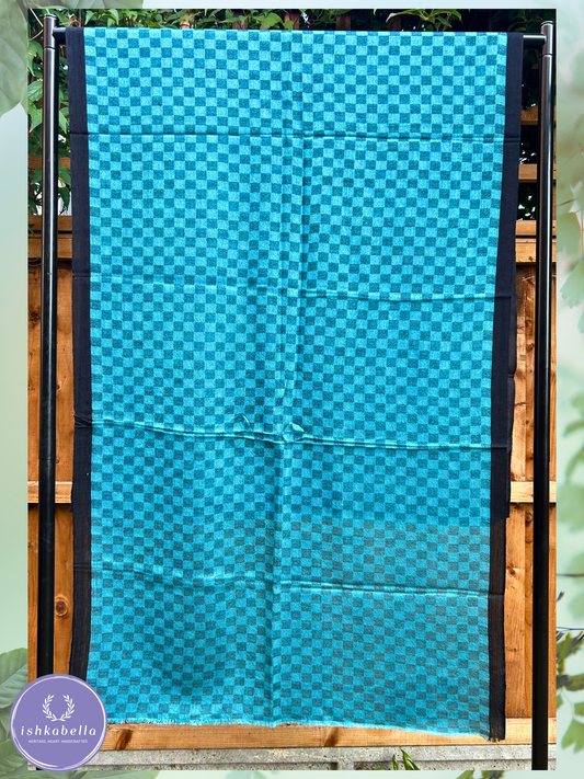 Small Checkered 100% Cashmere Pashmina Stole – Turquoise Blue and Monochrome | ishkabella