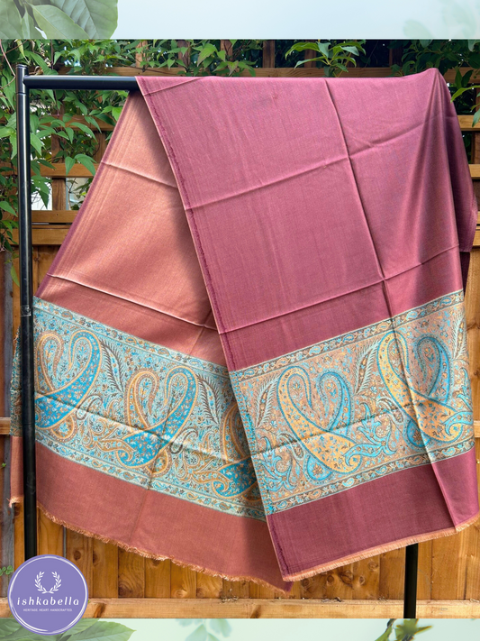 Reversible Paisley Border Wool Silk blend Stole – Magenta Shine & Tan Beige | ishkabella