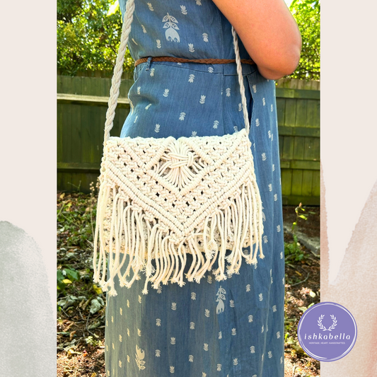 Handwoven White Macramé Sling Bag – Elegant Boho Crossbody for Women