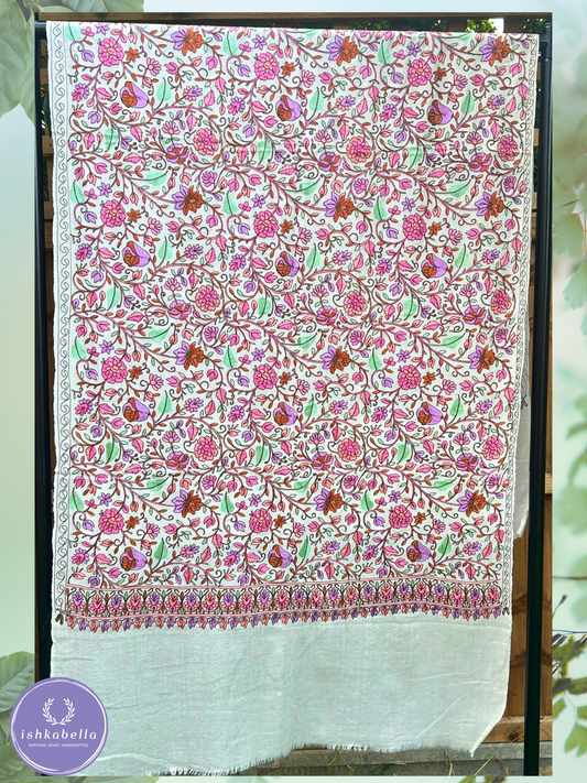 Ari Embroidered 100% Cashmere Pashmina Stole – Off-White with Pink & Purple Floral Motifs | ishkabella
