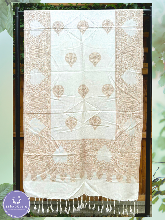 Beige Border Wool-Silk Stole – White Sands | Ishkabella
