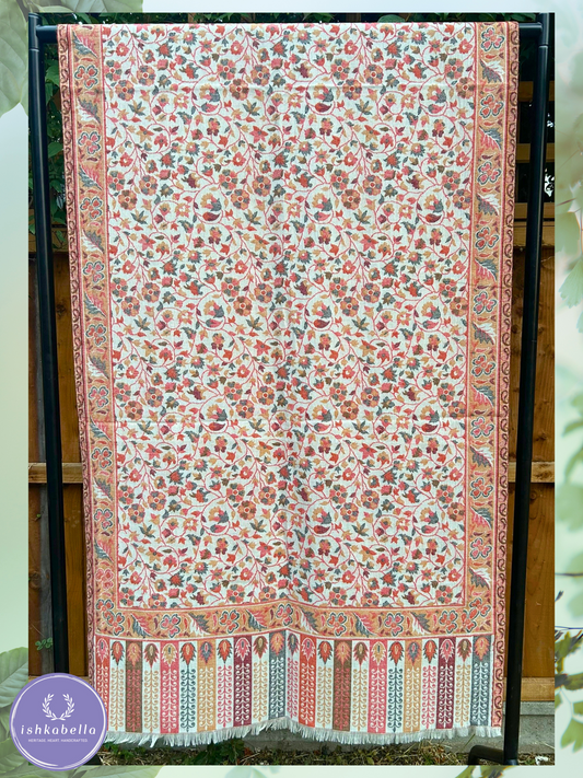Kani Weave Rich Wool Stole – Ivory Leaf Bloom | ishkabella