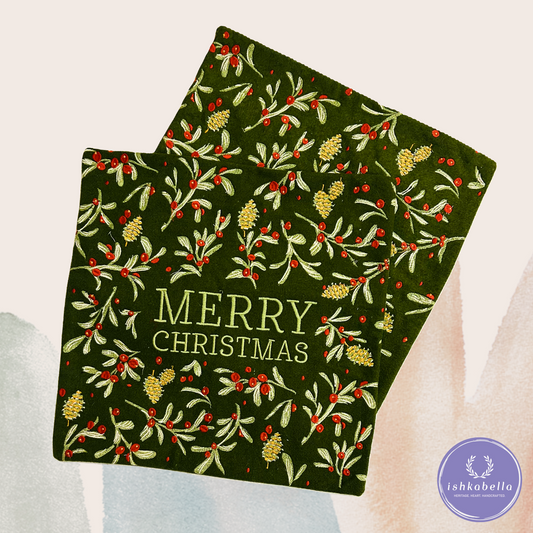 ‘Merry Christmas’ Embroidered Cushion Cover – Green Base