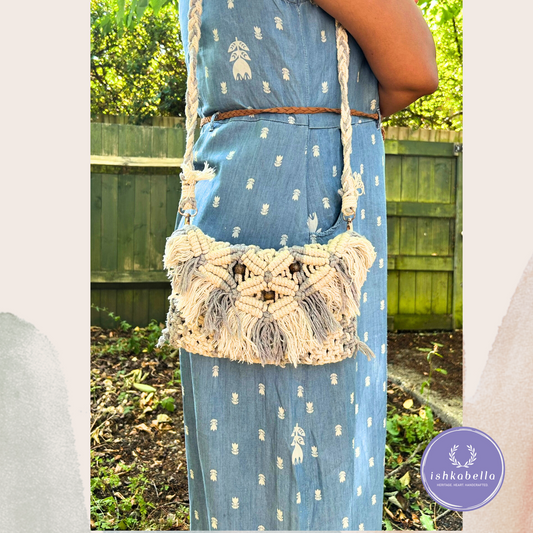 Handwoven White & Grey Macramé Sling Bag – Boho Chic Crossbody for Women