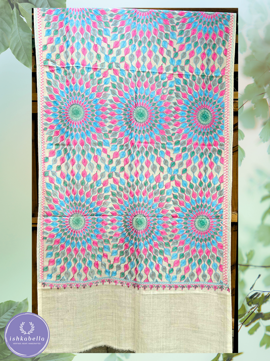 Ari Embroidered 100% Cashmere Pashmina Stole – Off-White with Blue & Pink Sun Motifs | ishkabella