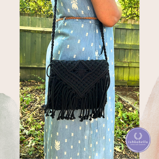 Handwoven Black Macramé Sling Bag – Chic Boho Crossbody for Women
