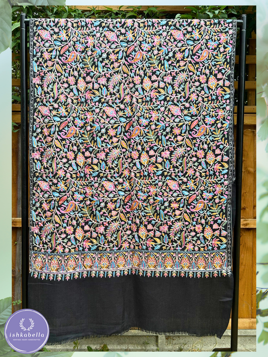 Ari Embroidered Fine Cashmere Wool Stole – Black with Multicolour Floral Motifs | ishkabella