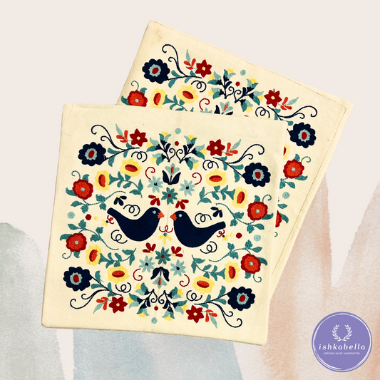 Embroidered Cotton Cushion Cover -  Elegant Indian textile art of birds and flowers