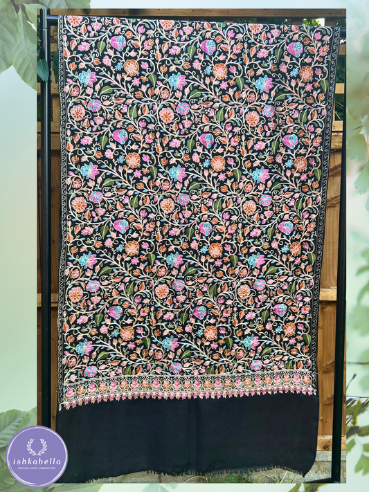 Ari Embroidered 100% Cashmere Pashmina Stole – Black with Pink, Blue & Orange Floral Motifs | ishkabella