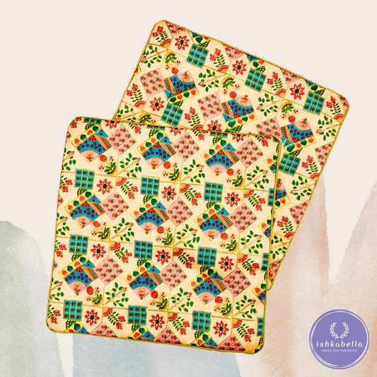 Gold Thread Embroidered Printed Cushion Cover – Light Gold Cotton Base