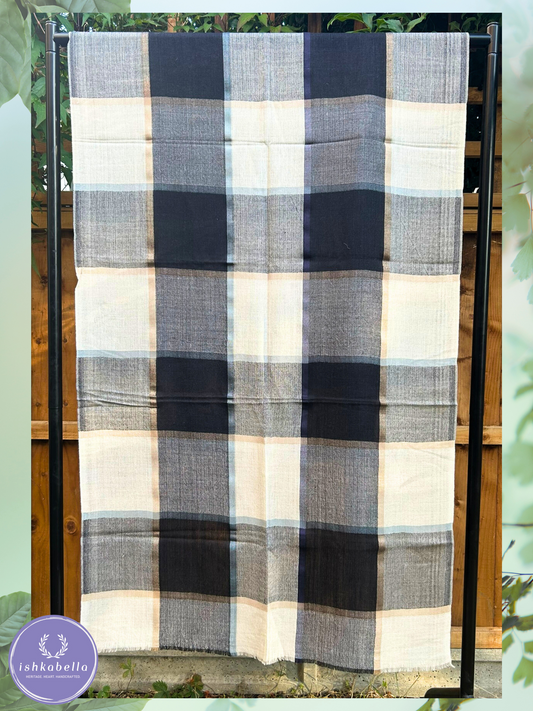 Big Checkered 100% Cashmere Pashmina Stole – Ivory Black Monochrome | ishkabella