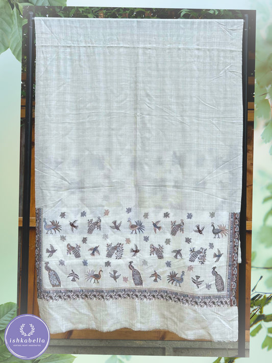 Bird Motif 100% Cashmere Pashmina Stole – Grey & White | ishkabella