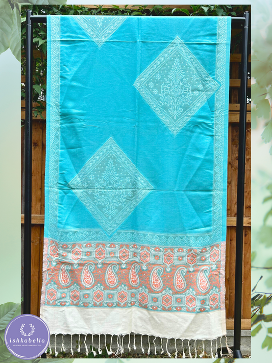 Paisley Border Wool Silk blend Stole – Sky Blue & Ember | ishkabella