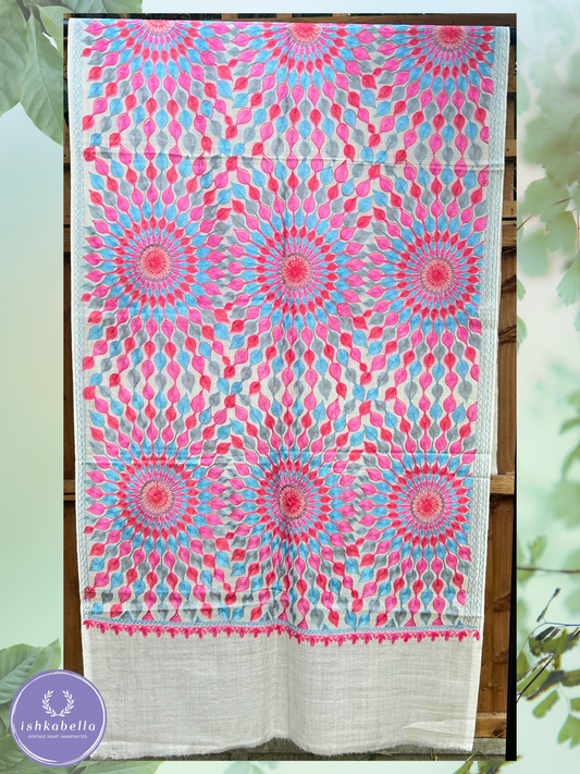 Ari Embroidered 100% Cashmere Pashmina Stole – Sea Shell White with Pink & Blue Sun Motifs | ishkabella