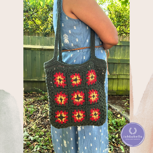 Dark Green Crochet Tote Bag with Yellow & Red Floral Pattern – Handmade Cotton Flower Bag