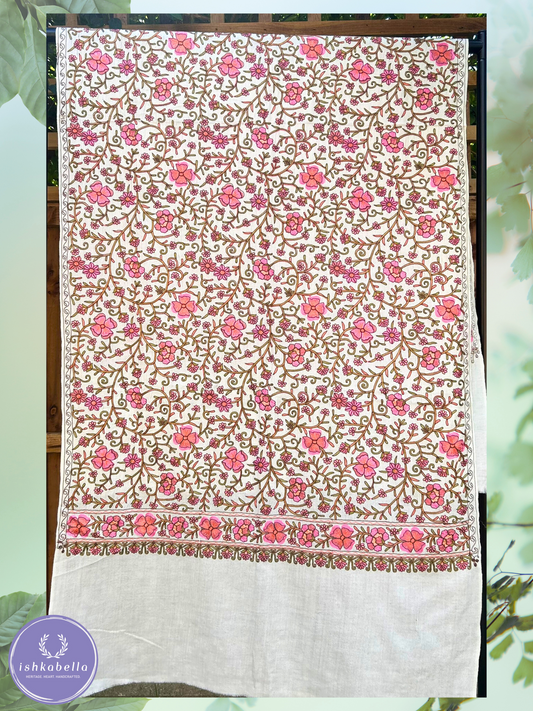 Ari Embroidered 100% Cashmere Pashmina Stole – Ivory with Pink & Peach Floral Motifs | ishkabella