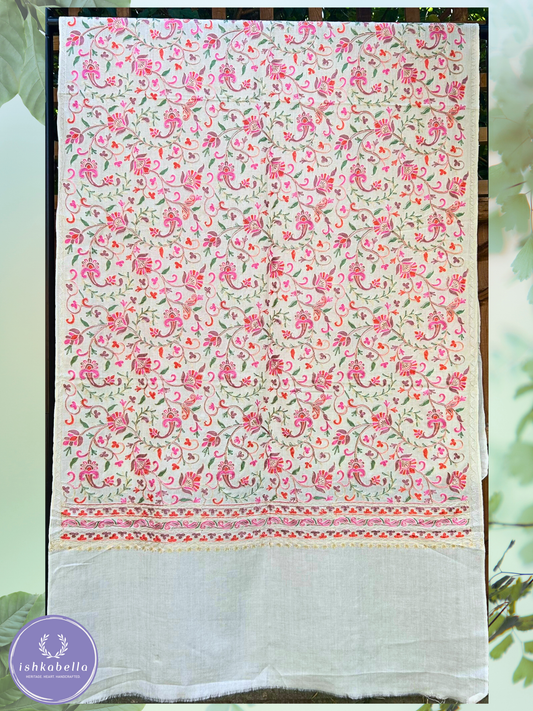 Ari Embroidered 100% Cashmere Pashmina Stole – White with Pink Paisley Floral Motifs | ishkabella