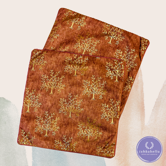 Gold Printed Tree Cushion Cover – Reddish Maroon Cotton Velvet