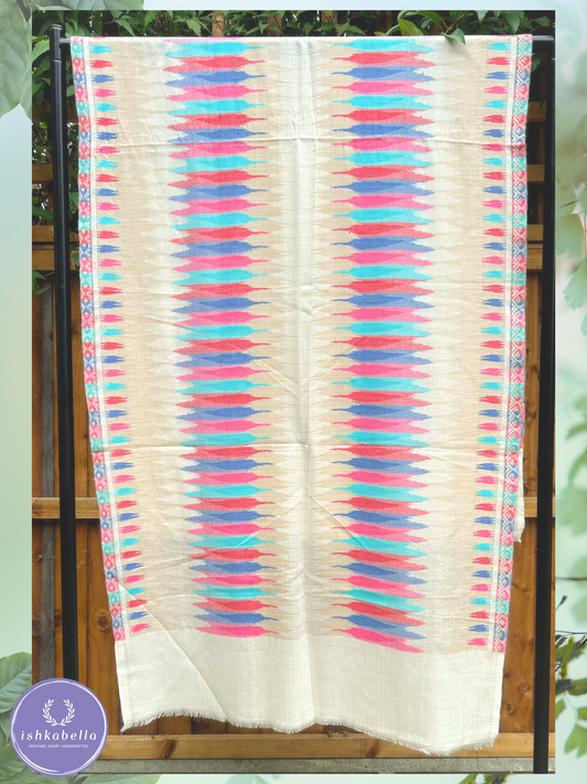 Ikat weave 100% Cashmere Pashmina Stole – Beige with Red & Blue Accents | ishkabella