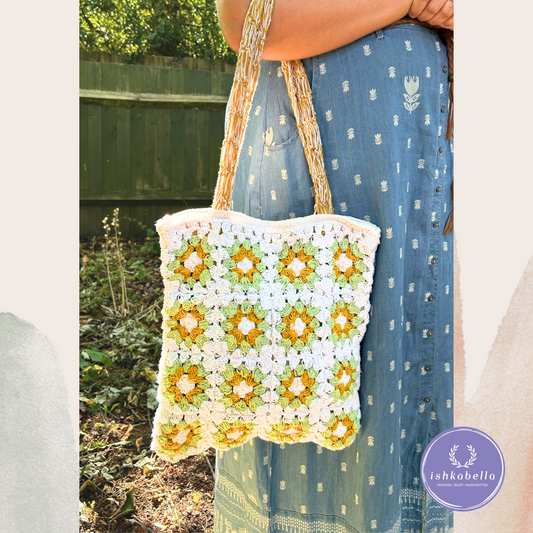 White Crochet Tote Bag with Yellow & Green Floral Design – Handcrafted Cotton Square Bag