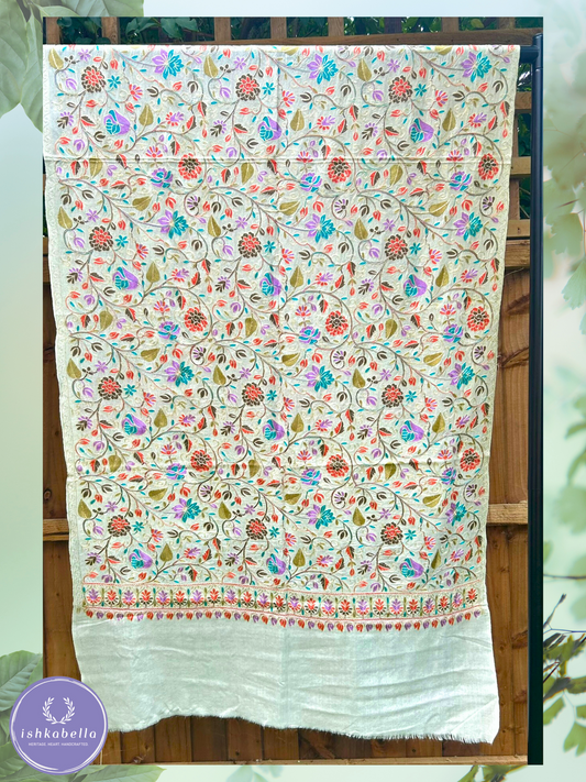 Ari Embroidered 100% Cashmere Pashmina Stole – Ivory with Orange & Blue Motifs | ishkabella
