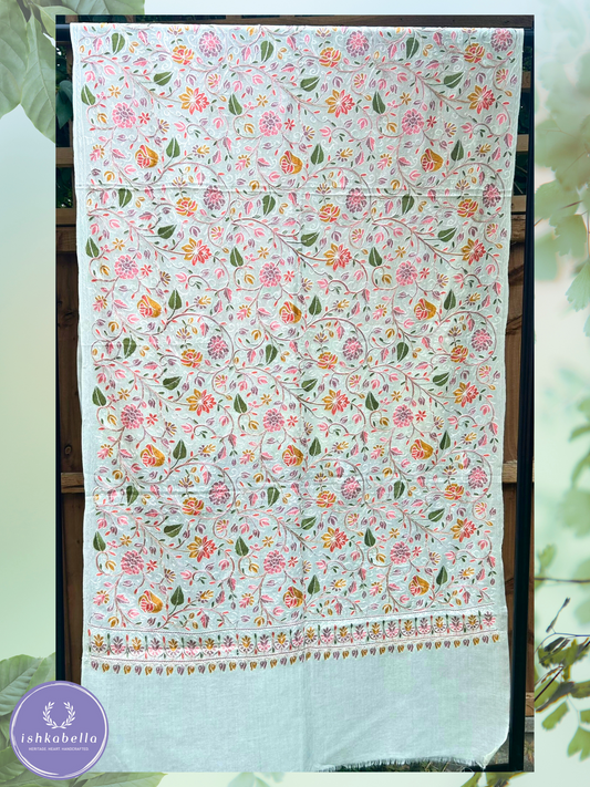 Ari Embroidered 100% Cashmere Pashmina Stole – Off-White with Pink & Yellow Floral Motifs | ishkabella