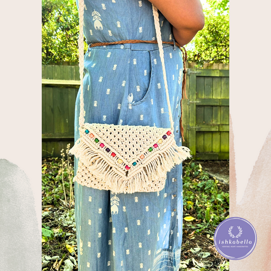 White Handwoven Macramé Sling Bag with Colorful Beaded Flap – Boho Statement Crossbody
