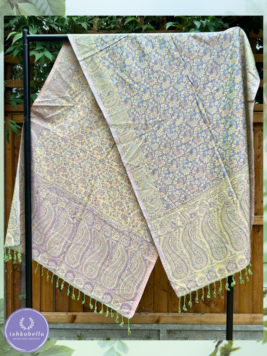 Reversible Paisley Floral Wool Silk blend Stole – Lavender & Light Beige | ishkabella
